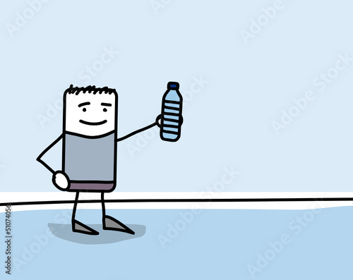 Personnage qui tient une bouteille d'eau minérale