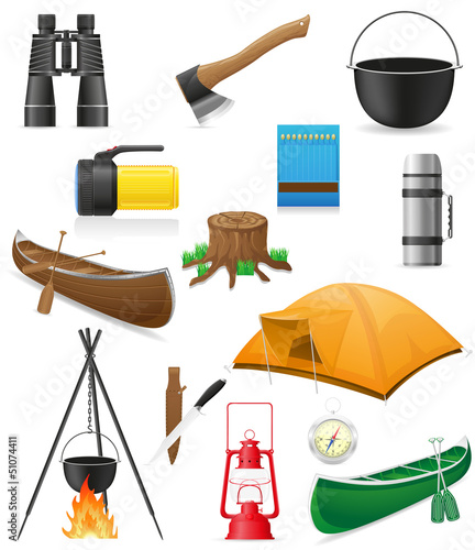 set icons items for outdoor recreation vector illustration
