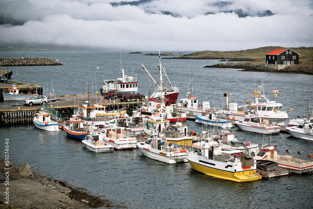 Typical Iceland Harbor with Fishing Boats