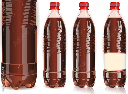 Four plastic bottles of cola with labels