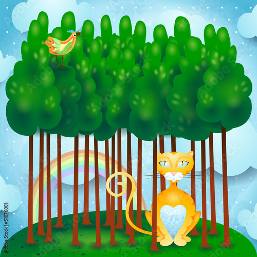 Forest with cat and bird