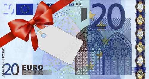 20 Euroschein mit rotem Band und Schleife mit Label