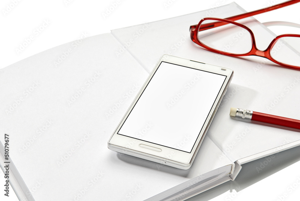 Notebook, phone and glasses Notebook, phone and glasses