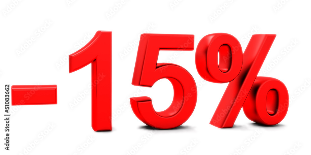 3D rendering of a 15 per cent in red letters on a white 3D rendering of a 15 per cent in red letters on a white