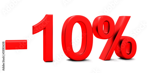 3D rendering of a 10 per cent in red letters on a white