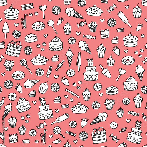 Seamless pink doodle pattern with sweets