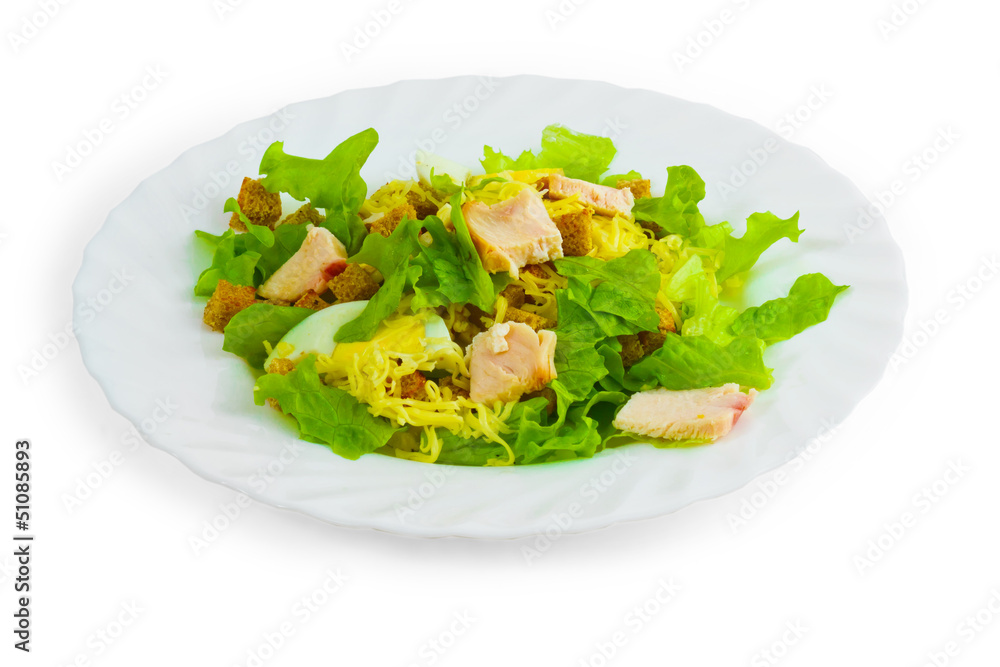 cheese sausage and bread salad isolated on a white background cheese sausage and bread salad isolated on a white background