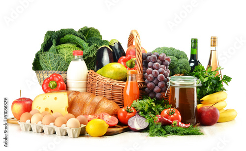 Grocery products including vegetables, fruits, dairy and drinks