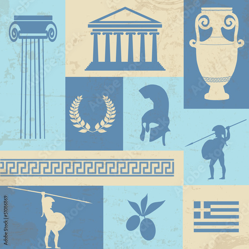 Greece symbols and landmarks on retro poster