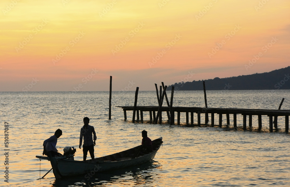 Silhouette of traditional fishing boat at sunrise, Koh Rong isla