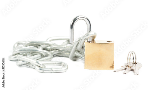 padlock and Key with a chain isolated on the white background