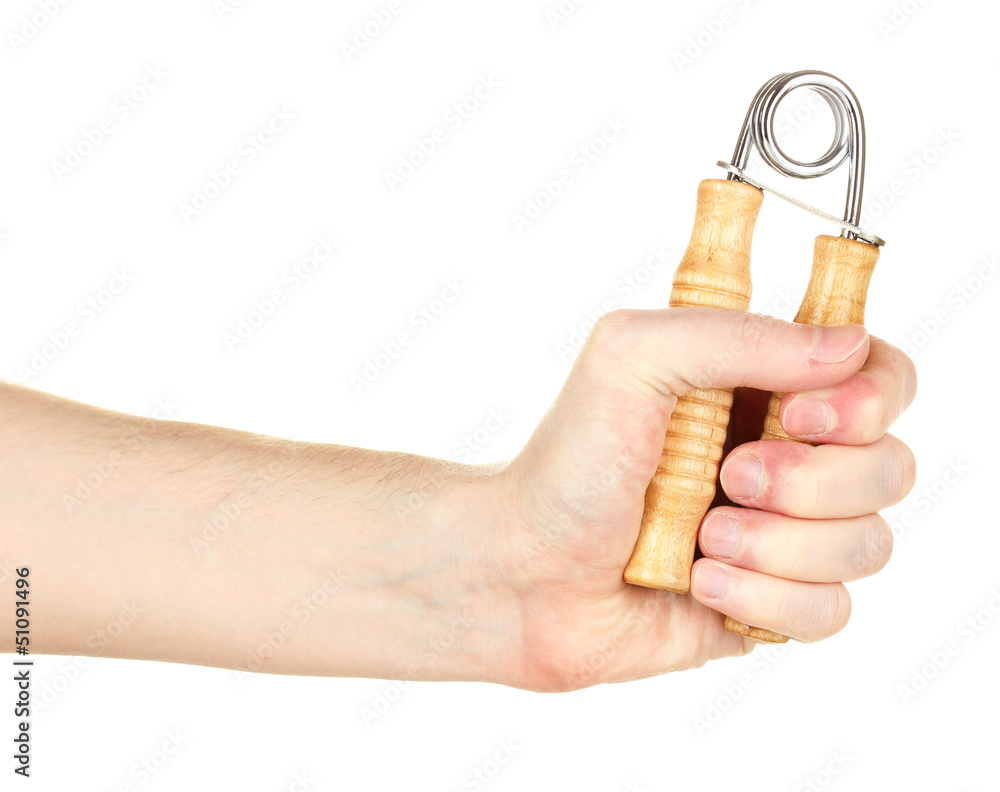 Modern hand trainer in hand isolated on white Modern hand trainer in hand isolated on white