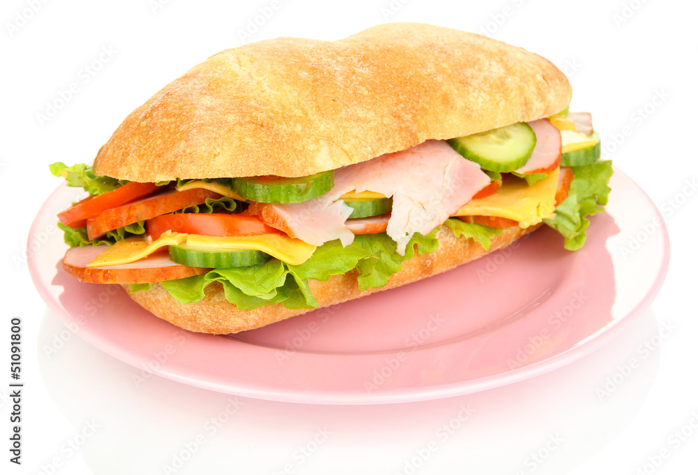 Fresh and tasty sandwich with ham and vegetables isolated Fresh and tasty sandwich with ham and vegetables isolated