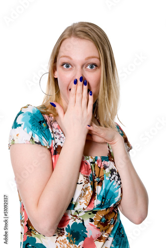 Portrait of young woman covering her mouth with  hand