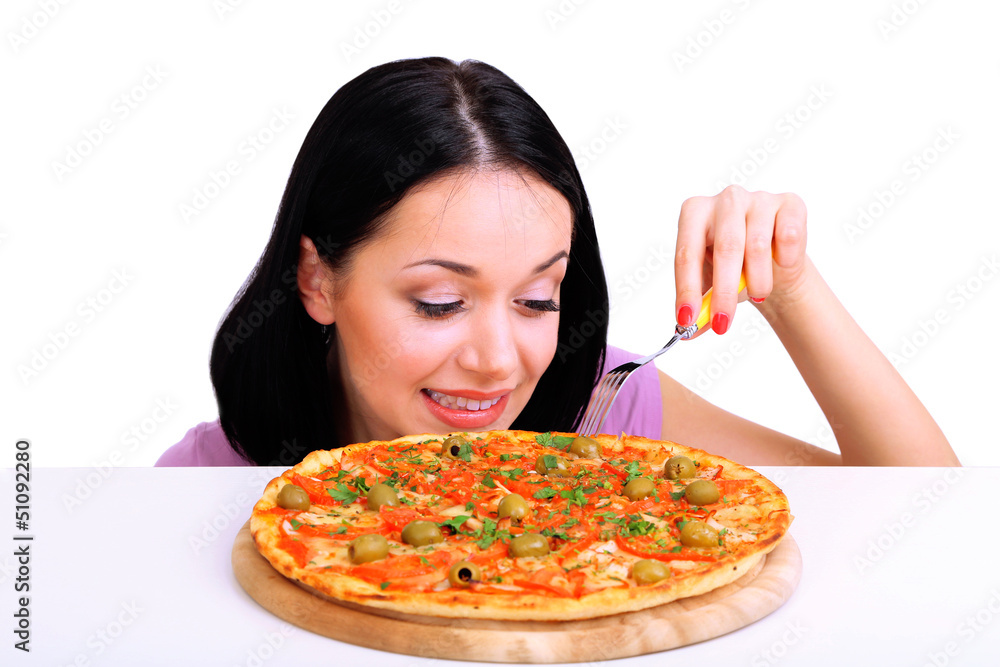 Beautiful girl with great pizza isolated on white