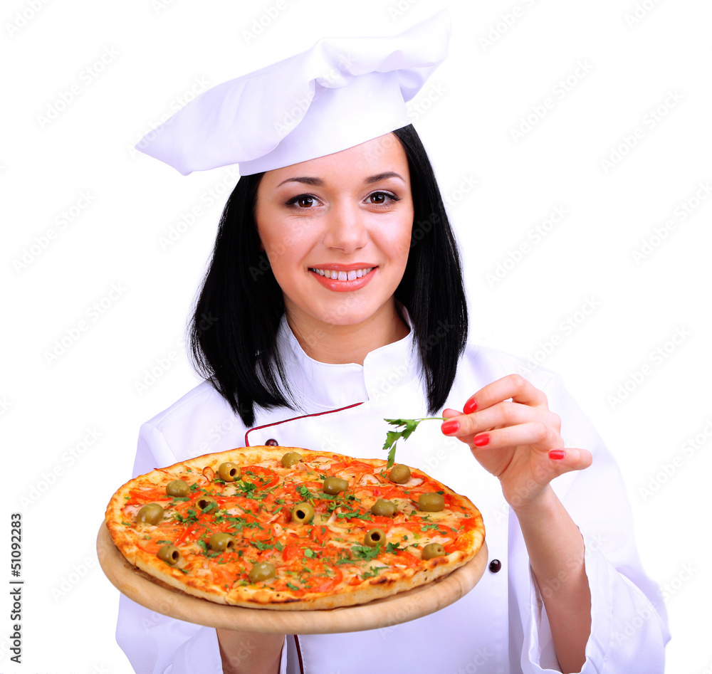 Beautiful girl chief-cooker with pizza isolated on white Beautiful girl chief-cooker with pizza isolated on white