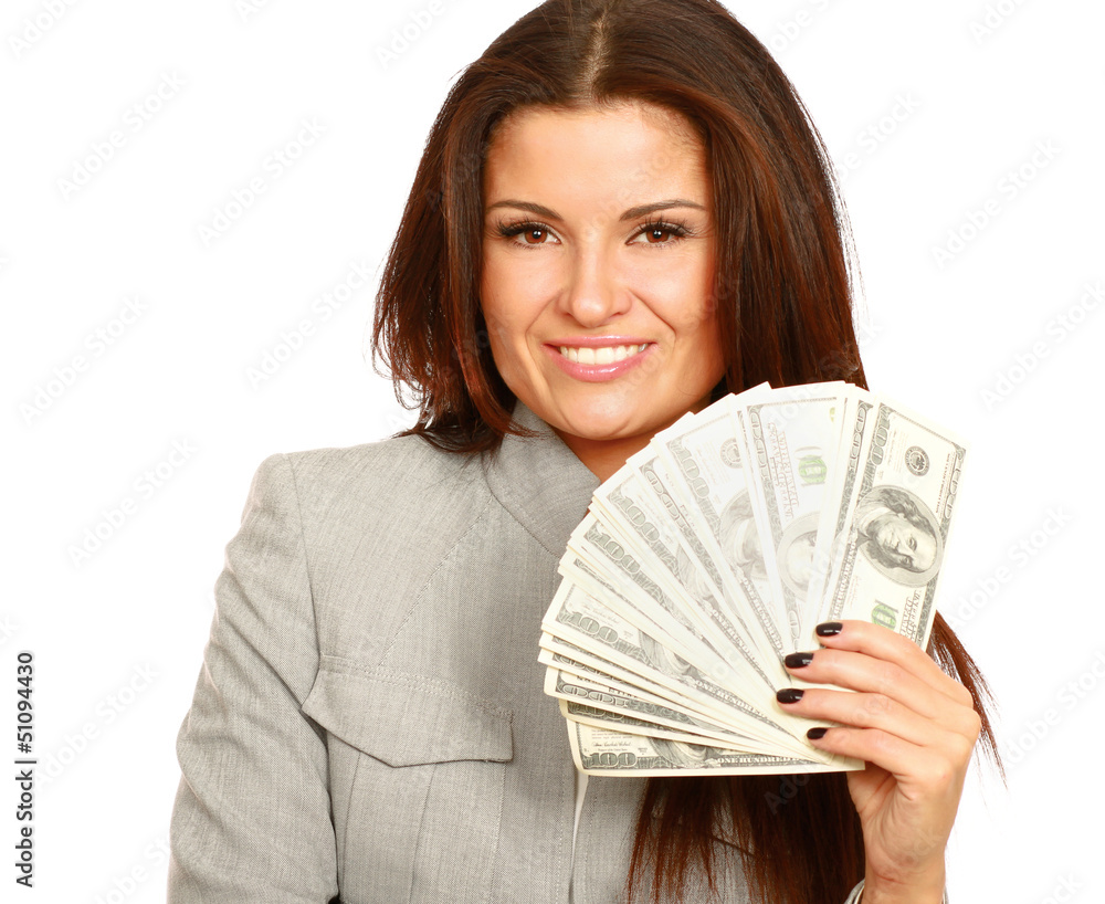 A young woman with dollars in her hands