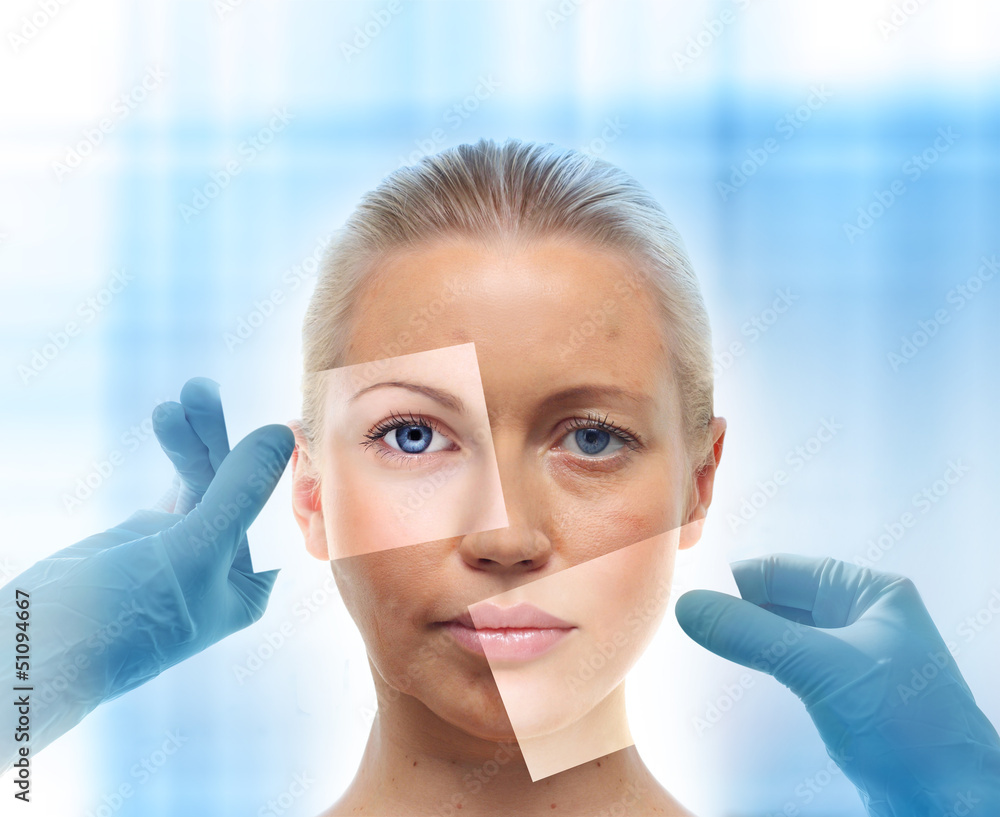 Collage with woman's portrait and hands in medical gloves agains Collage with woman's portrait and hands in medical gloves agains