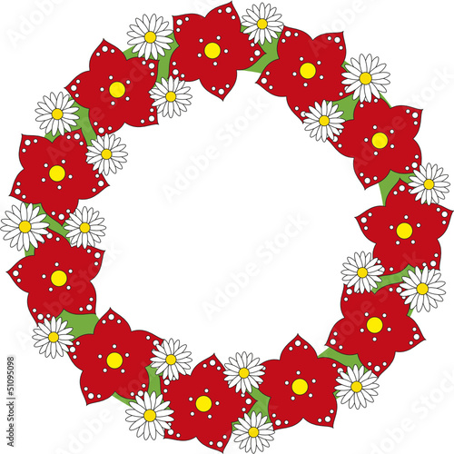 blumenkranz mit roten blumen und gänseblümchen
