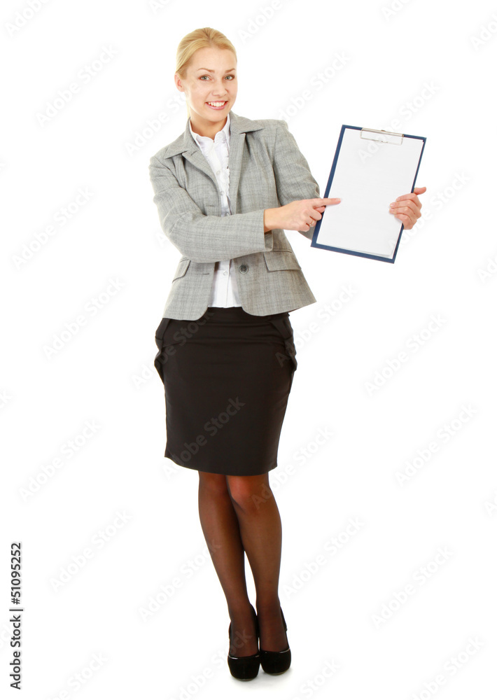 A business woman holding papers , isolated on white background A business woman holding papers , isolated on white background