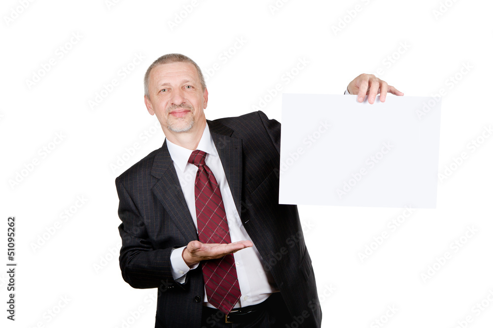 Businessman showing blank sheet of paper Businessman showing blank sheet of paper