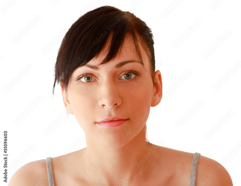 Close-up portrait of woman, isolated on white background