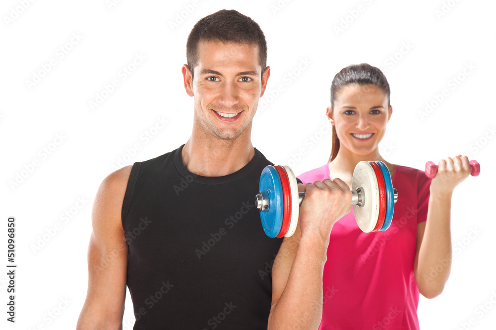 Young man and woman lifting weights. Isolated on white Young man and woman lifting weights. Isolated on white