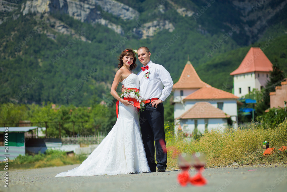Bride and groom on the background of mountains