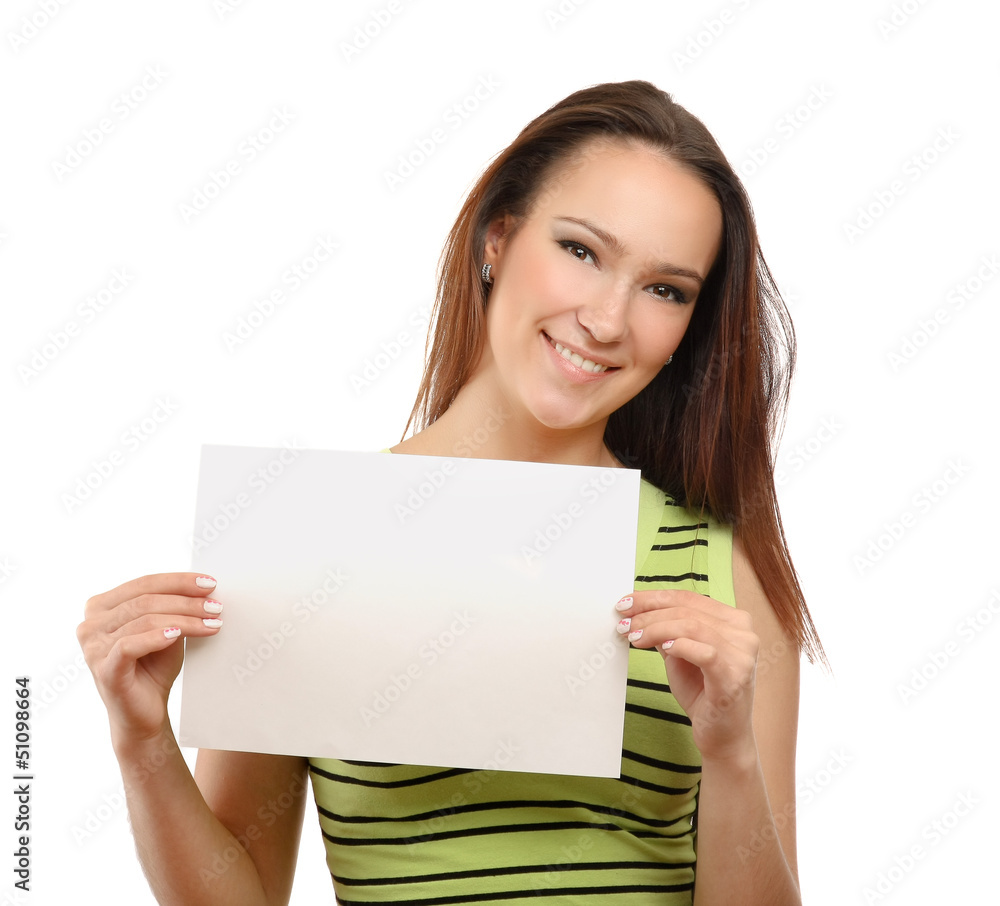 Beautiful woman holding empty white board Beautiful woman holding empty white board