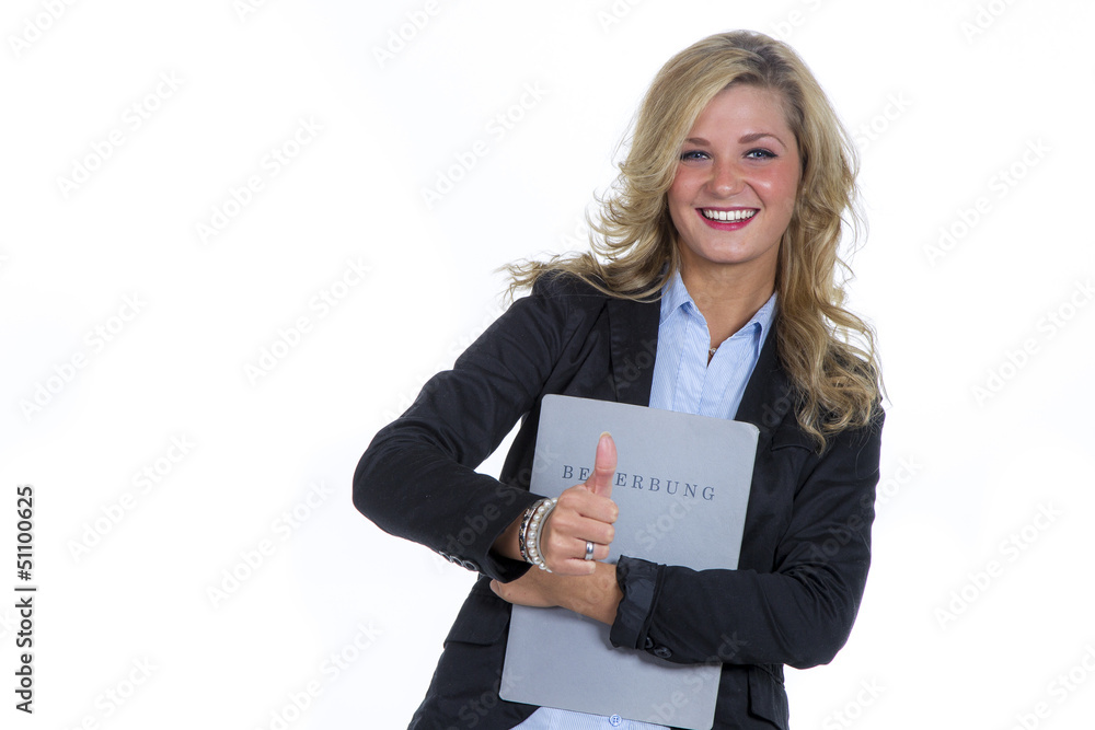 Blonde Frau in Businessoutfit mit Bewerbungsmappe Blonde Frau in Businessoutfit mit Bewerbungsmappe