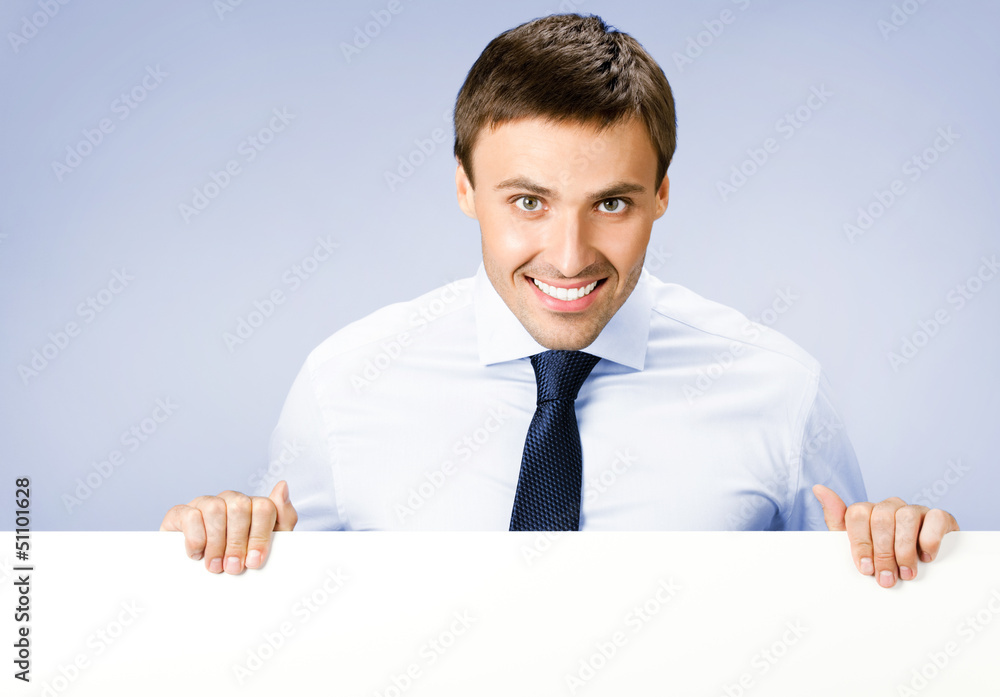 Business man showing blank signboard, on violet Business man showing blank signboard, on violet