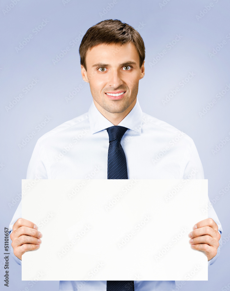 Business man showing blank signboard, on violet