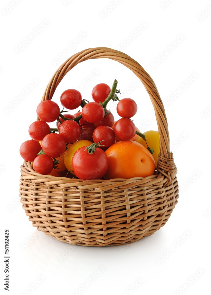 Different varieties of tomatoes in a basket Different varieties of tomatoes in a basket