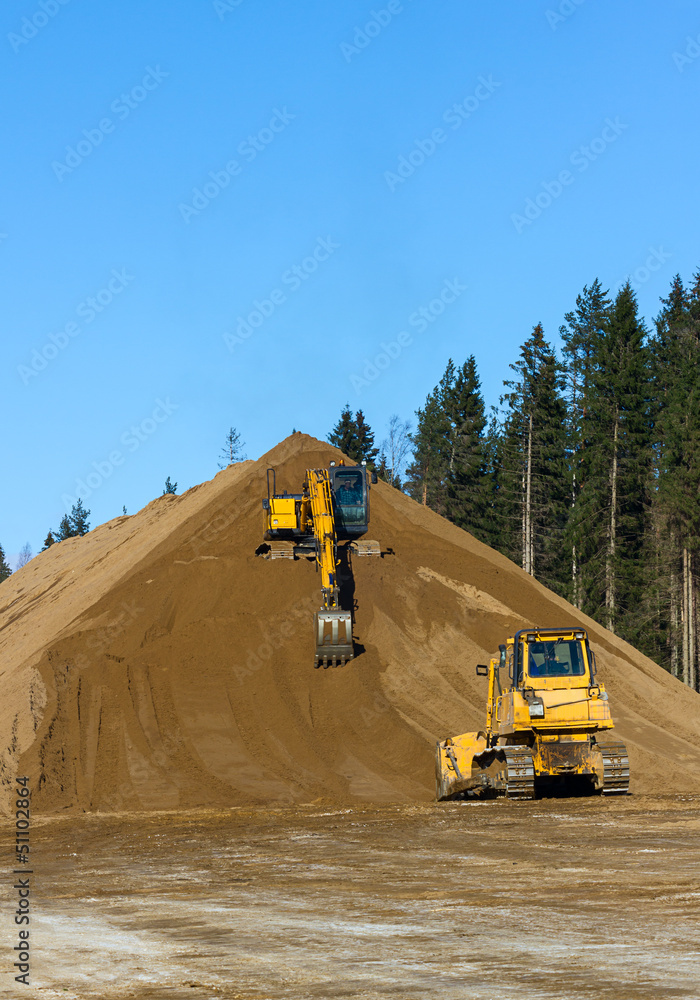 Yellow Excavator and bulldozer at Work in forest Yellow Excavator and bulldozer at Work in forest