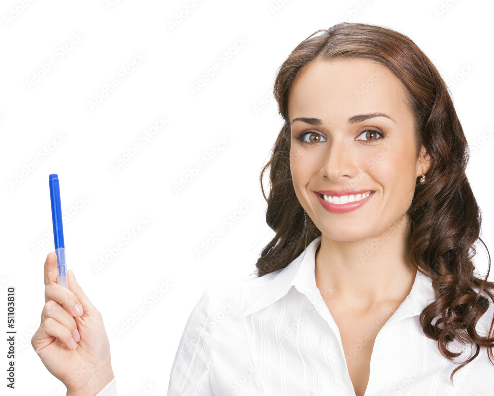 Businesswoman showing, isolated on white Businesswoman showing, isolated on white