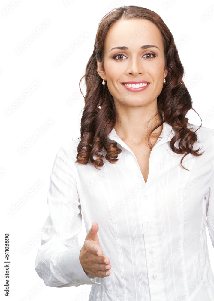 Businesswoman giving hand for handshake, on white