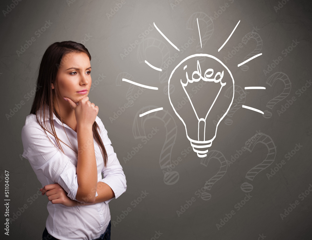 Young girl comming up with a light bubl idea sign Young girl comming up with a light bubl idea sign