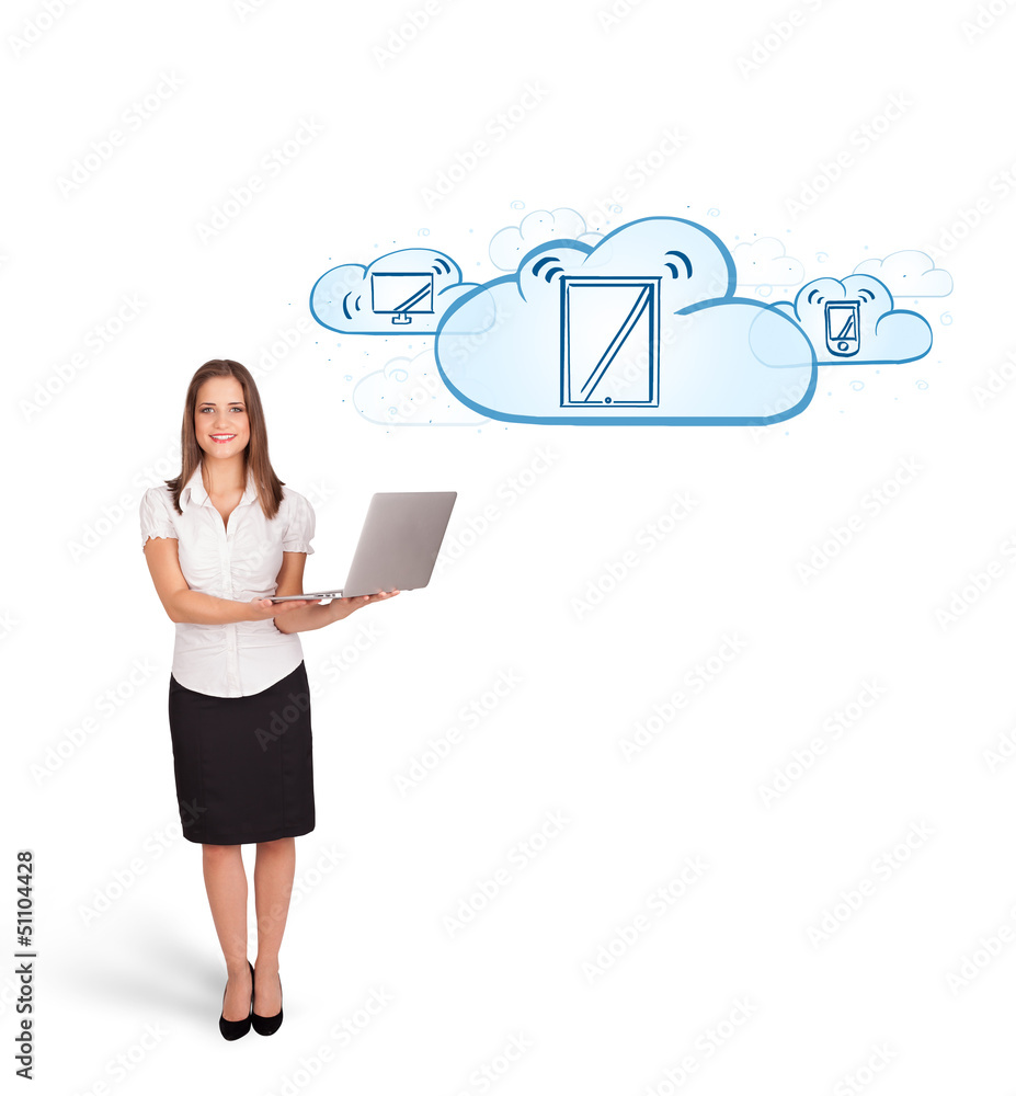 young woman presenting modern devices in clouds young woman presenting modern devices in clouds