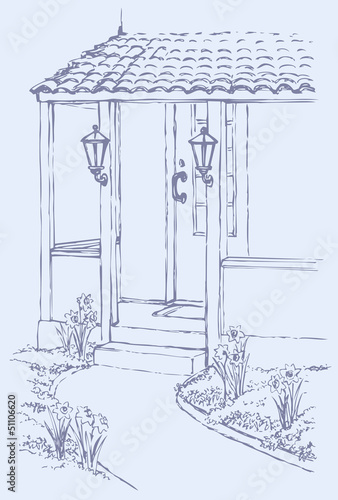 Vector illustration. The path to the porch of cozy home