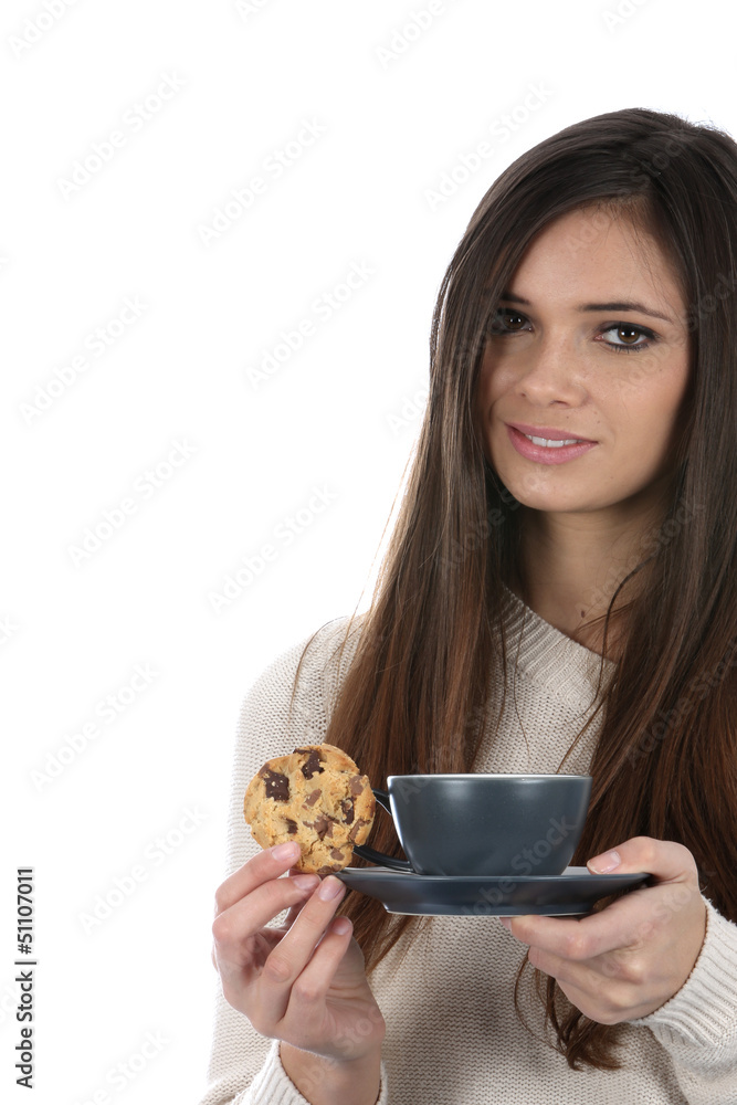 Woman Drinking a Cup of Tea and Biscuit