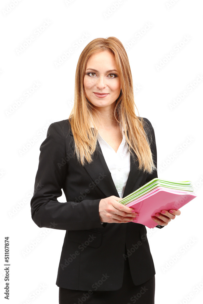 Portrait of teacher woman with notebooks, isolated on white Portrait of teacher woman with notebooks, isolated on white