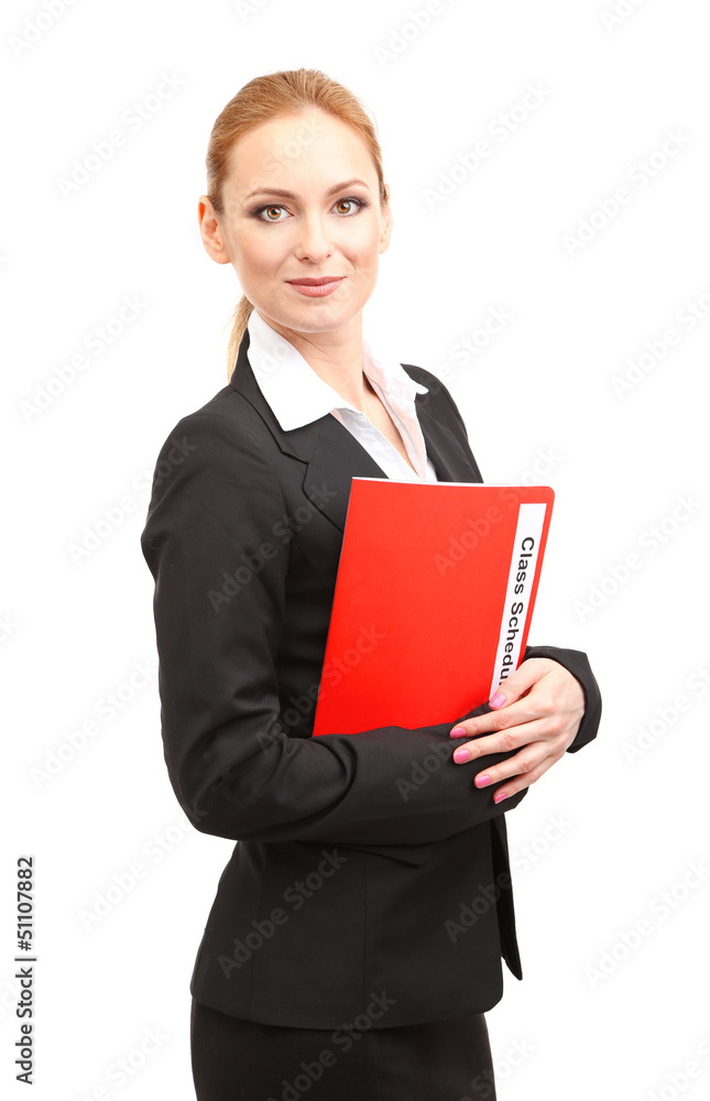 Portrait of teacher woman with class schedule, isolated on Portrait of teacher woman with class schedule, isolated on