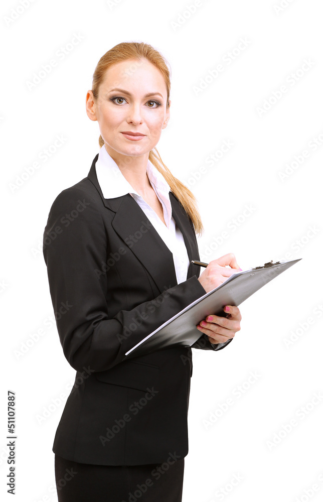 Portrait of teacher woman with clipboard, isolated on white Portrait of teacher woman with clipboard, isolated on white