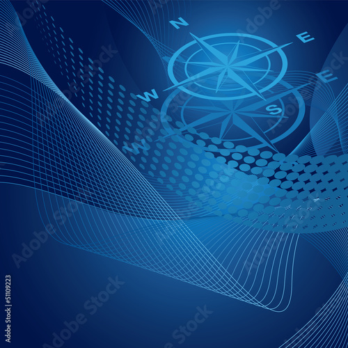 Blue compass on swirls and gradient background