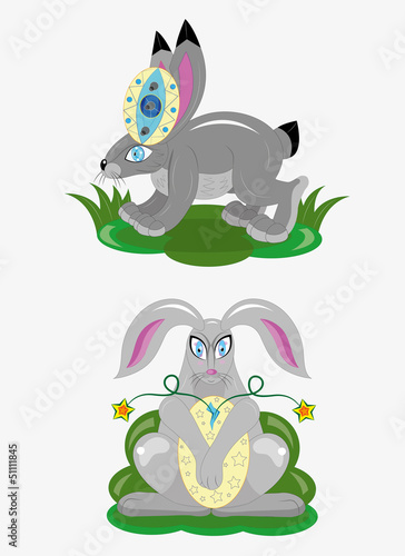 Easter rabbits and eggs.