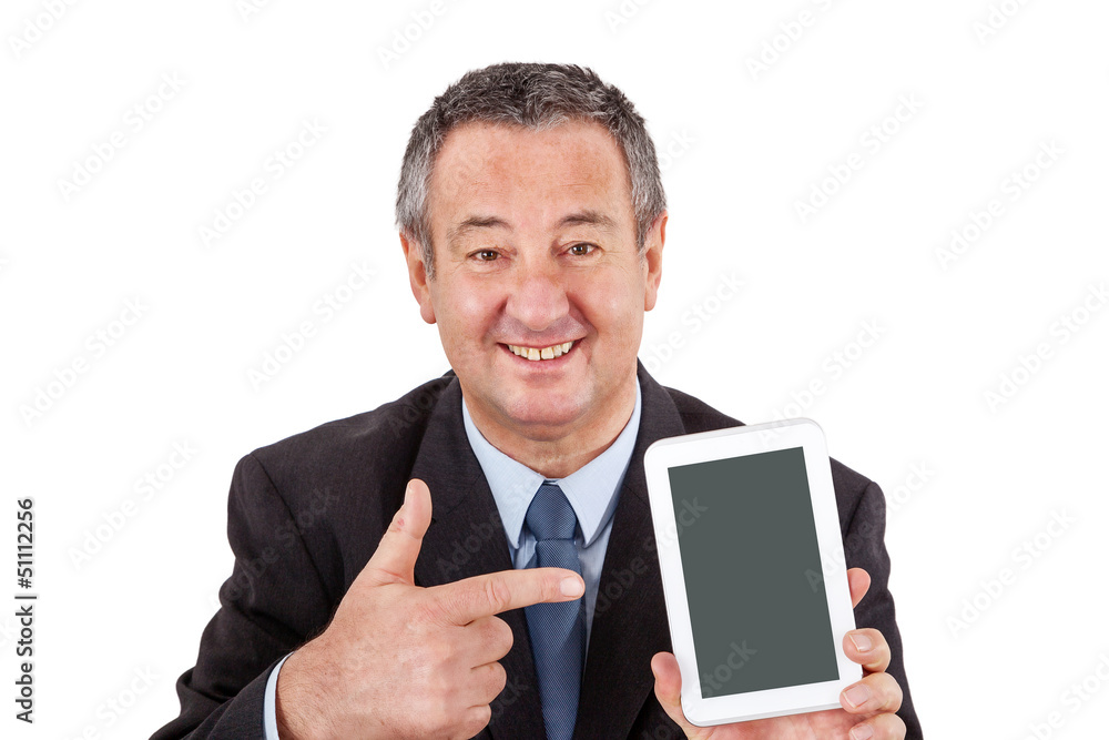 Businessman pointing to his Tablet PC Businessman pointing to his Tablet PC