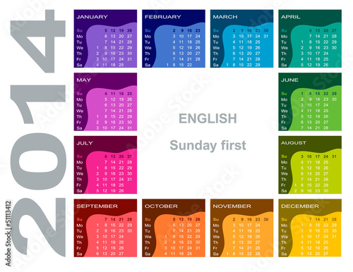 Coloful calendar 2014 (English, Sunday first)