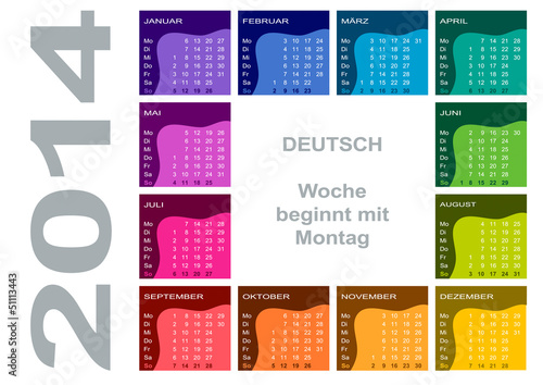 Jahreskalender 2014  (deutsch, Woche beginnt mit Montag)