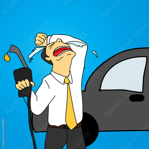 Man crying and holding the tap refuel the car on a gas station.E