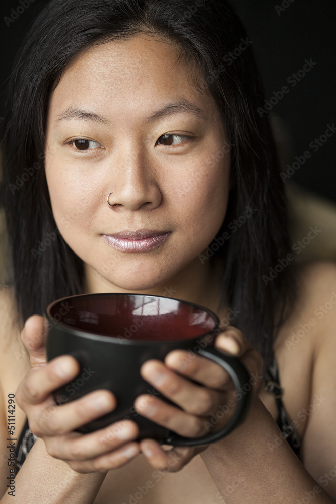 Beautiful Young Woman with Brown Hair and Eyes with Black Coffee Beautiful Young Woman with Brown Hair and Eyes with Black Coffee